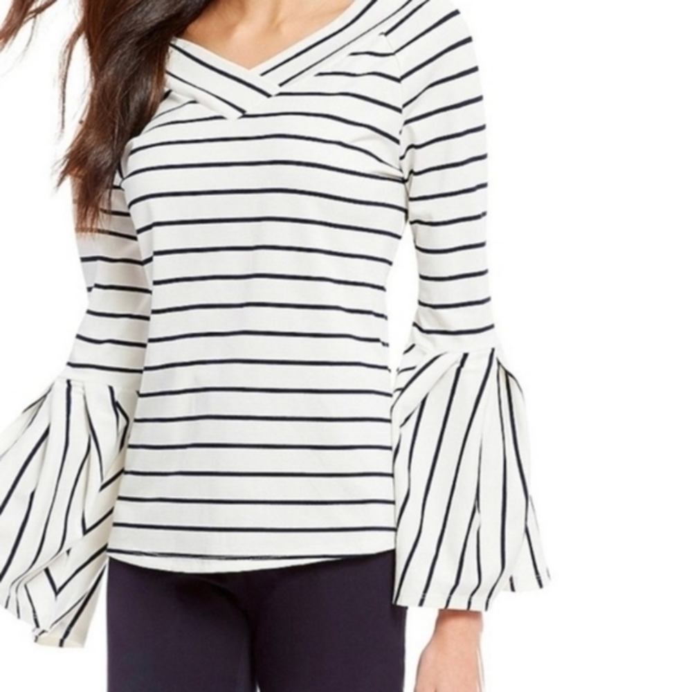 Gibson Latimer Black and White Striped Top Blouse v-neck front and back size XL